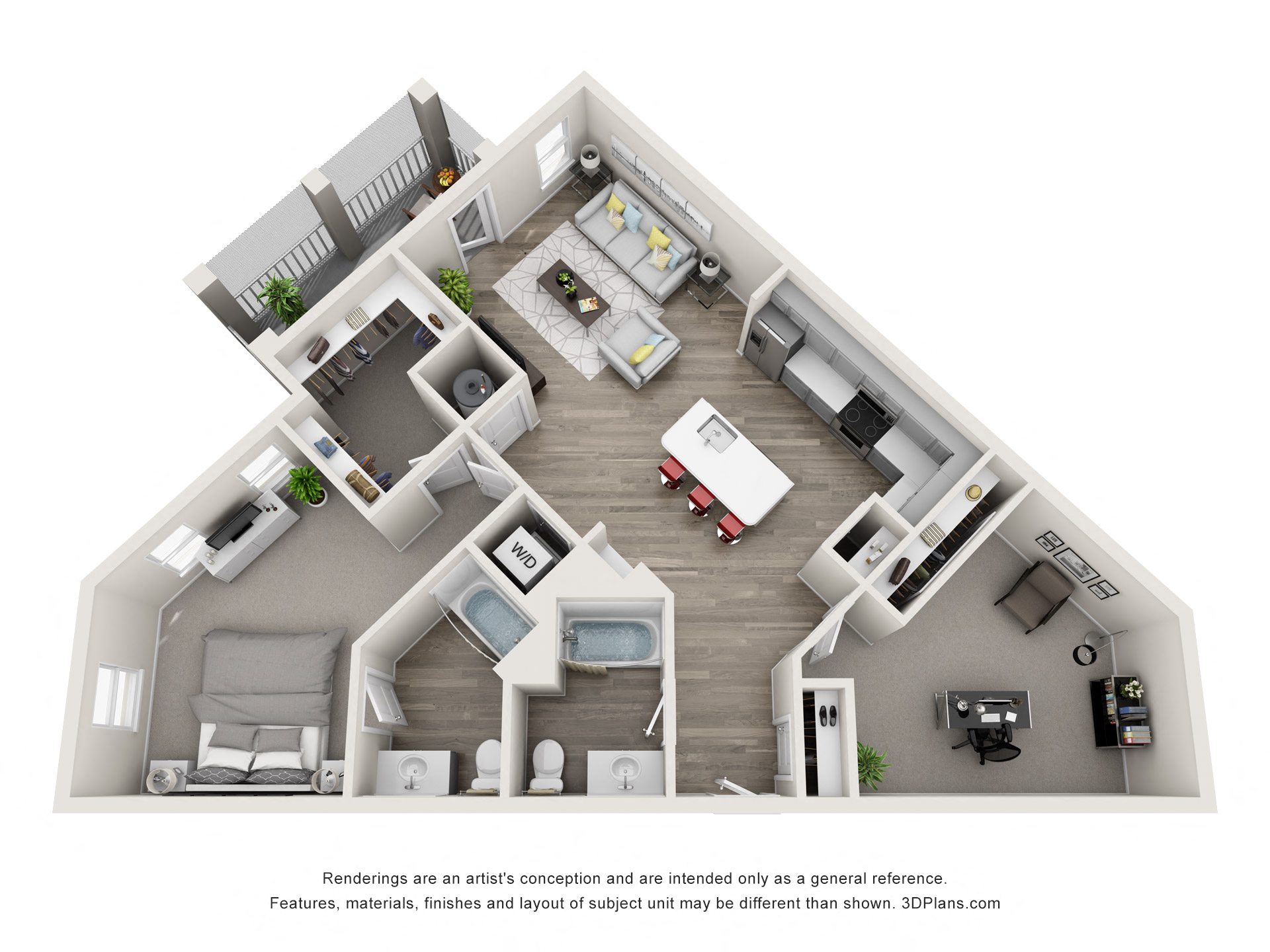 Floor plan for 1 bed, 2 baths, 1180 sqft